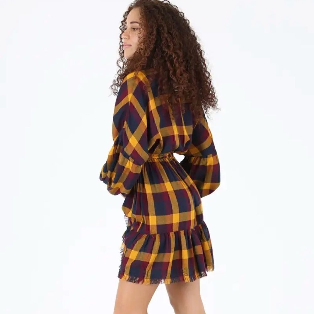 NEW! Boho Multi Colored Plaid Fringe Bottom Button Front Mini Dress Long Sleeve - Picture 3 of 5